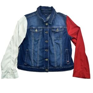Womens Tommy Hilfiger Denim Jean Jacket Blue Red White Size XL Colorblock